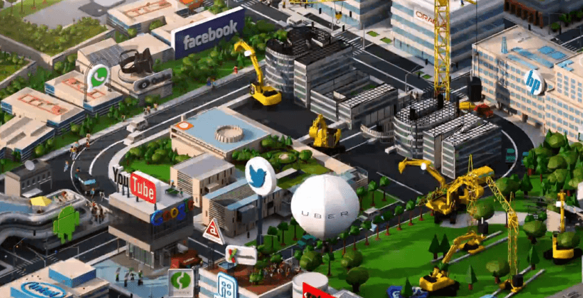 Ilustrasi lingkungan Silicon Valley yang dipenuhi kantor brand besar seperti Twitter